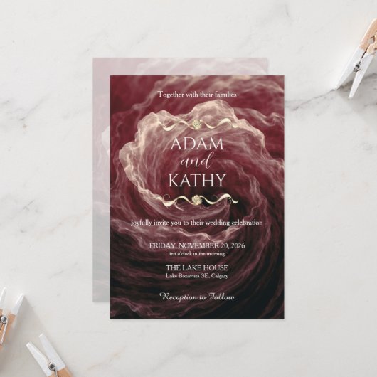 Romantic Red Rose Burgundy Wedding Invitation 招待状 (正面/裏面インサイチュ)