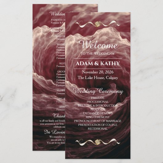 Romantic Red Rose Burgundy Wedding Program プログラム (正面/裏面)