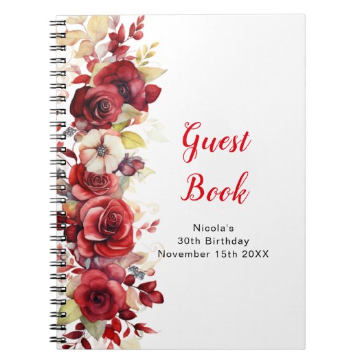 Romantic Red Rose Floral Birthday Party Guest Book ノートブック (正面)