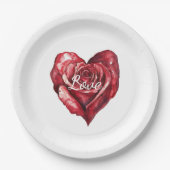 Romantic Red Rose Floral Heart Wedding ペーパープレート (正面)