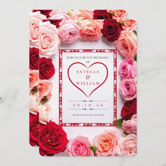 Romantic Red Rose Heart Border Wedding Invitation 招待状 (正面/裏面)