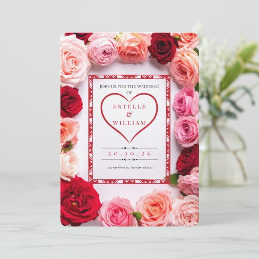 Romantic Red Rose Heart Border Wedding Invitation 招待状 (スタンド正面)