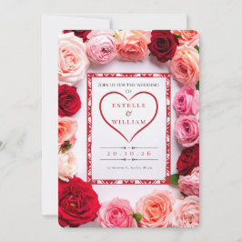 Romantic Red Rose Heart Border Wedding Invitation 招待状