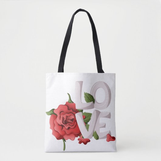 Romantic Red Rose with Bold Love Typography トートバッグ (正面)