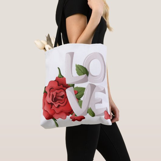 Romantic Red Rose with Bold Love Typography トートバッグ (クローズアップ)