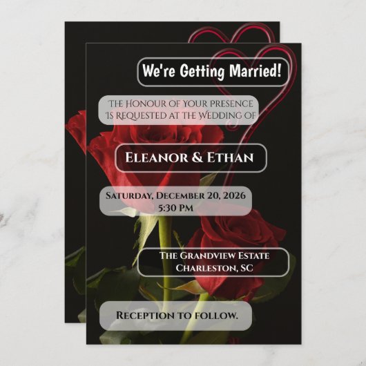 Romantic Red Roses Abstract Heart Love Wedding Inv 招待状 (正面/裏面)