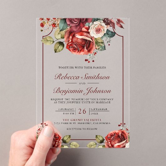 Romantic Red Roses Floral Wedding アクリル招待状 (インサイチュ (ポータブル))