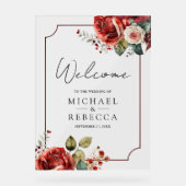 Romantic Red Roses Floral Wedding Welcome アクリルサイン (正面)