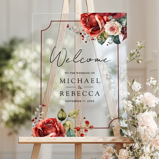 Romantic Red Roses Floral Wedding Welcome アクリルサイン