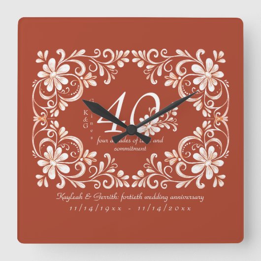 Romantic Red Rust Decade 40 Anniversary Floral スクエア壁時計 (正面)