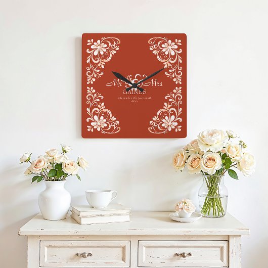 Romantic Red Rust Mr & Mrs Wedding Wall Clock スクエア壁時計