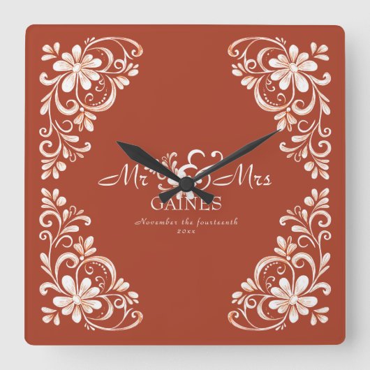 Romantic Red Rust Mr & Mrs Wedding Wall Clock スクエア壁時計 (正面)