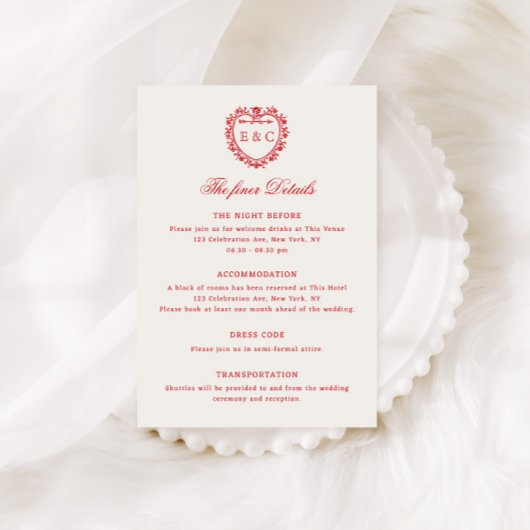 Romantic Red Vintage Monogram Crest Wedding エンクロージャーカード