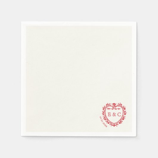 Romantic Red Vintage Monogram Crest Wedding スタンダードカクテルナプキン (正面)