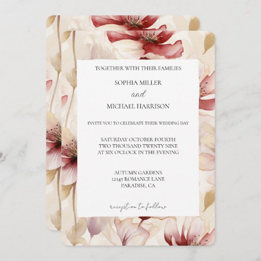 Romantic Red White Cream Floral Wedding 招待状 (正面/裏面)