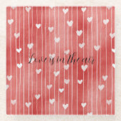Romantic Red White Stripes Hearts Love ガラスコースター (正面)