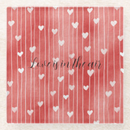 Romantic Red White Stripes Hearts Love ガラスコースター