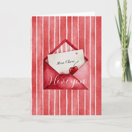 Romantic Red White Stripes Mon Cheri Love カード (正面)