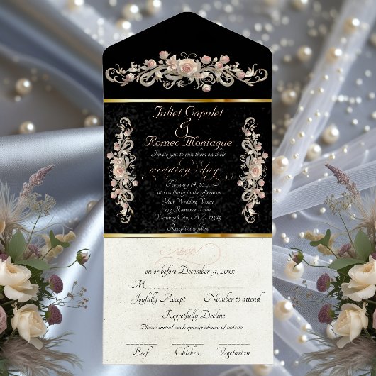 Romantic Rose Arc Borders & Calligraphy - Black オールインワン招待状