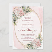 Romantic Rose Gold Blush Floral Greenery Wedding  招待状 (正面)