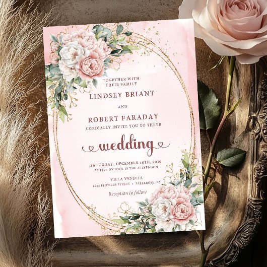 Romantic Rose Gold Blush Floral Greenery Wedding  招待状
