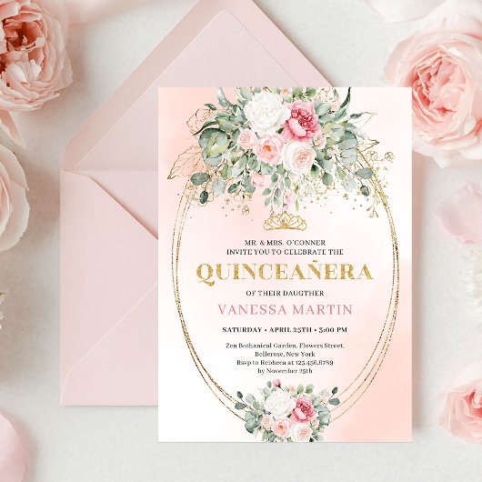 Romantic Rose Gold Blush Quinceañera Invitation 招待状