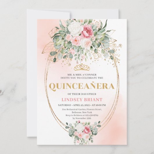 Romantic Rose Gold Blush Quinceañera Invitation 招待状 (正面)