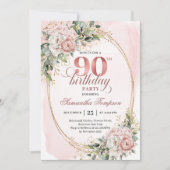 Romantic Rose Gold Floral Greenery 90th Birthday   招待状 (正面)