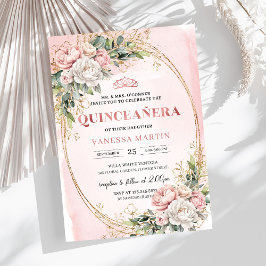 Romantic Rose Gold Floral Greenery Quinceañera   招待状