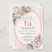 Romantic Rose Gold Floral Greenery Sweet Sixteen  招待状 (正面)