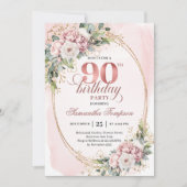 Romantic Rose Gold Greenery 90th Birthday Invite 招待状 (正面)