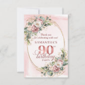 Romantic Rose Gold Greenery 90th Birthday Thanks サンキューカード (正面)
