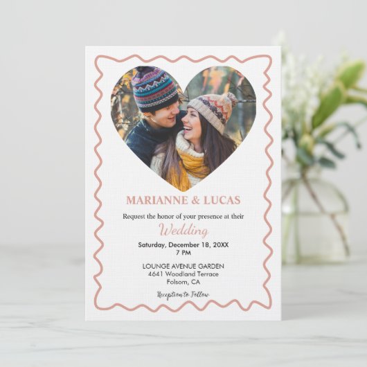 Romantic Rose Gold Heart Photo Wedding 招待状 (スタンド正面)