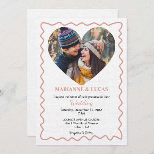 Romantic Rose Gold Heart Photo Wedding 招待状 (正面/裏面)