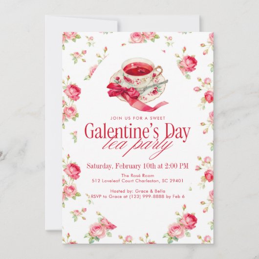 Romantic Rose Tea Cup Galentine’s Day Tea Party 招待状 (正面)