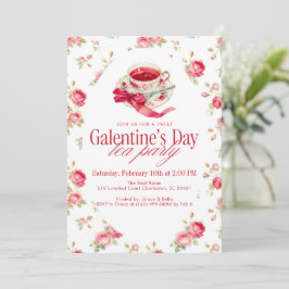 Romantic Rose Tea Cup Galentine’s Day Tea Party 招待状