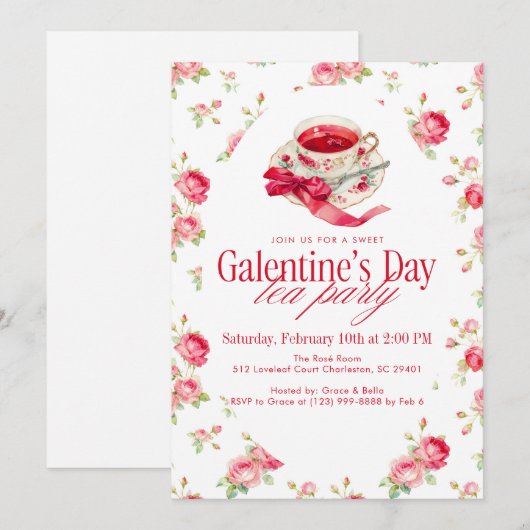 Romantic Rose Tea Cup Galentine’s Day Tea Party 招待状 (正面/裏面)