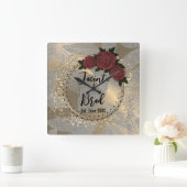 Romantic Rose Wreath Feather Wedding スクエア壁時計 (ホーム)