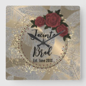 Romantic Rose Wreath Feather Wedding    スクエア壁時計 (正面)