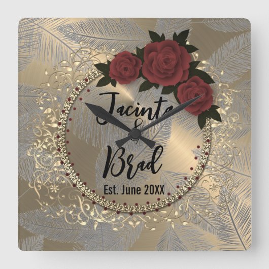 Romantic Rose Wreath Feather Wedding    スクエア壁時計 (正面)