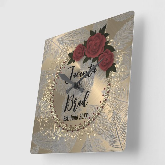 Romantic Rose Wreath Feather Wedding スクエア壁時計 (傾斜)