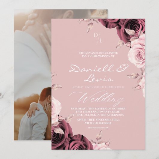 Romantic Roses Dusty Pink ⎮ Mauve Wedding  招待状 (正面/裏面)