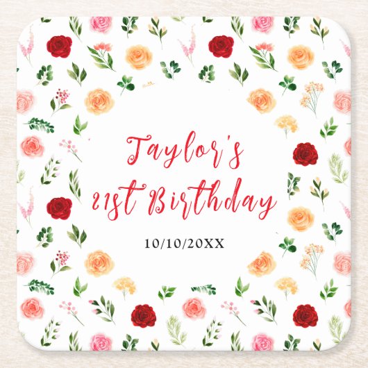 Romantic Roses Floral Birthday スクエアペーパーコースター (正面)
