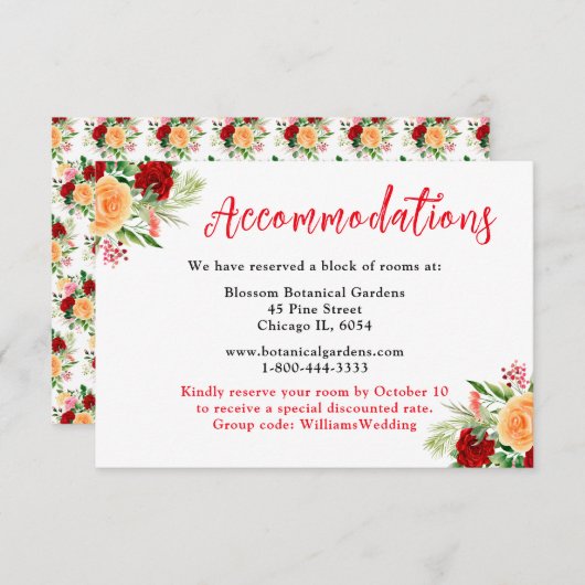 Romantic Roses Floral Wedding Accommodations エンクロージャーカード (正面/裏面)