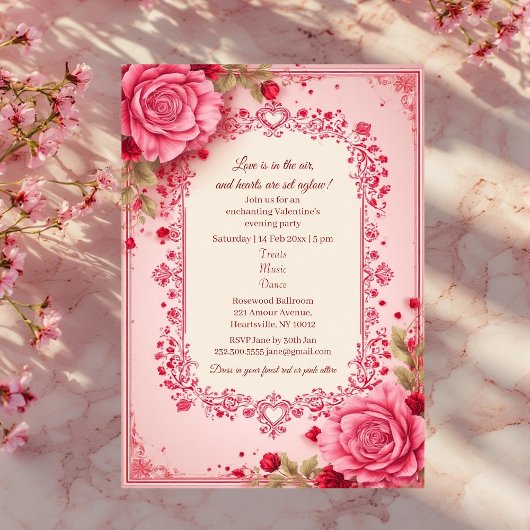 Romantic Roses Pink Heart Motifs Valentine Party  招待状