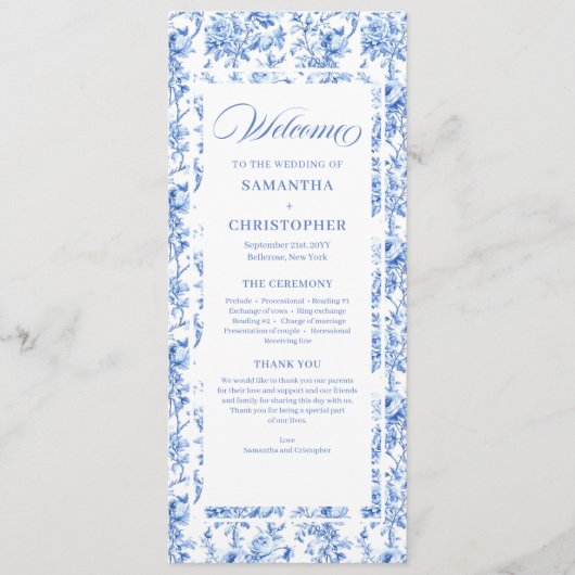 Romantic Royal Blue Toile de Jouy Wedding Program プログラム (正面)