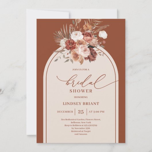 Romantic Rust Pampas Grass Floral Bridal Shower  招待状 (正面)