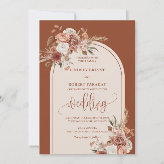 Romantic Rust Pampas Grass Floral Wedding Invites 招待状 (正面)