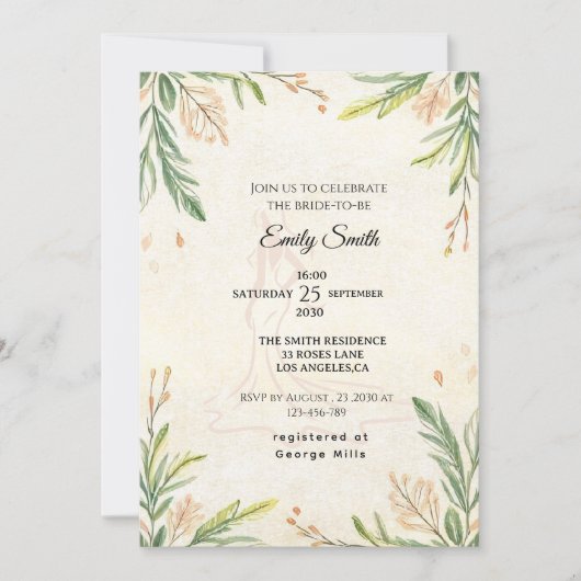 Romantic Rustic Botanical Greenery  Bridal Shower  招待状 (正面)