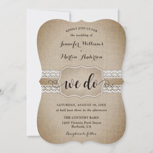 Romantic Rustic Country Burlap and Lace Wedding 招待状 (正面)